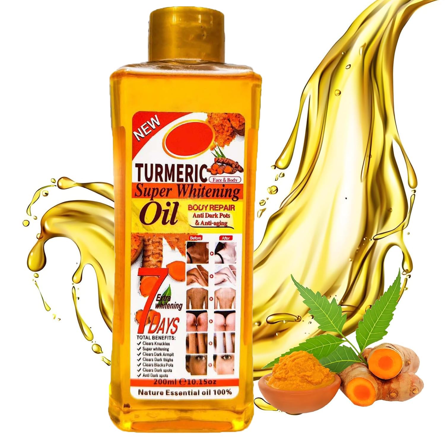 Woranb Turmeric Body Oil, Vitamin C Body Oil, 200 ml Turmeric Oil Super Whitening Oil for Skin, 7 Days Turmeric Oil Super Body Oil for Moisturising, Turmeric Oil for All Skin