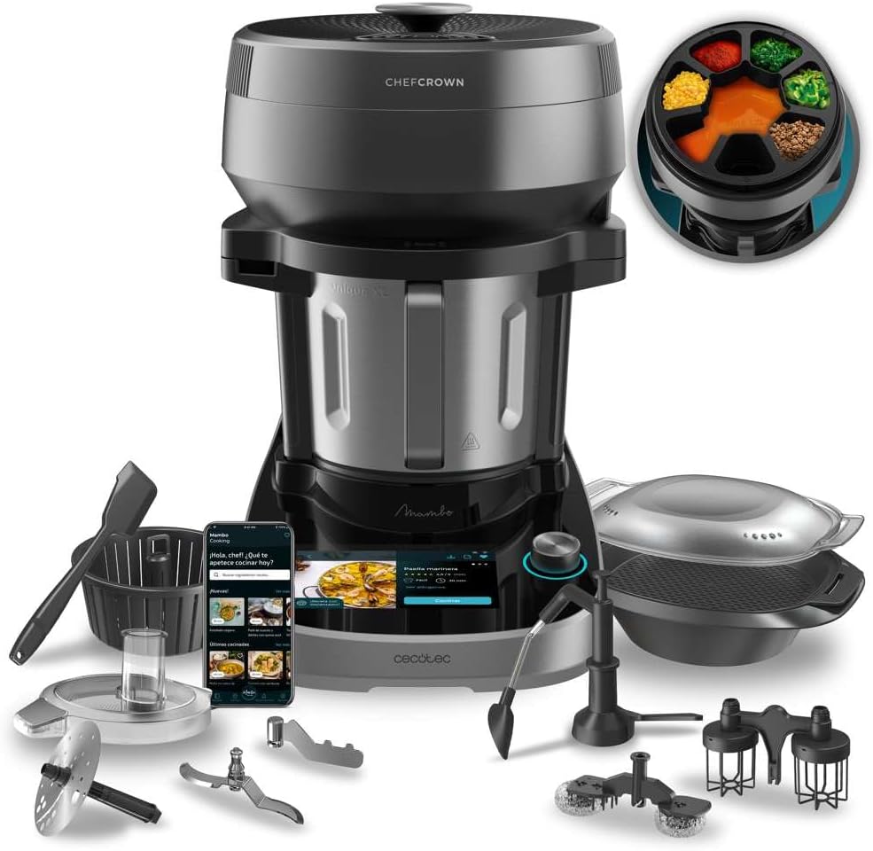 Cecotec Mambo CooKing Unique Food Processor with Food Dispenser. 2200 W, 45 Functions, Thousands of Guided Recipes, 5L Unique Jug, Accessories: Steamer or Ladle for Stews