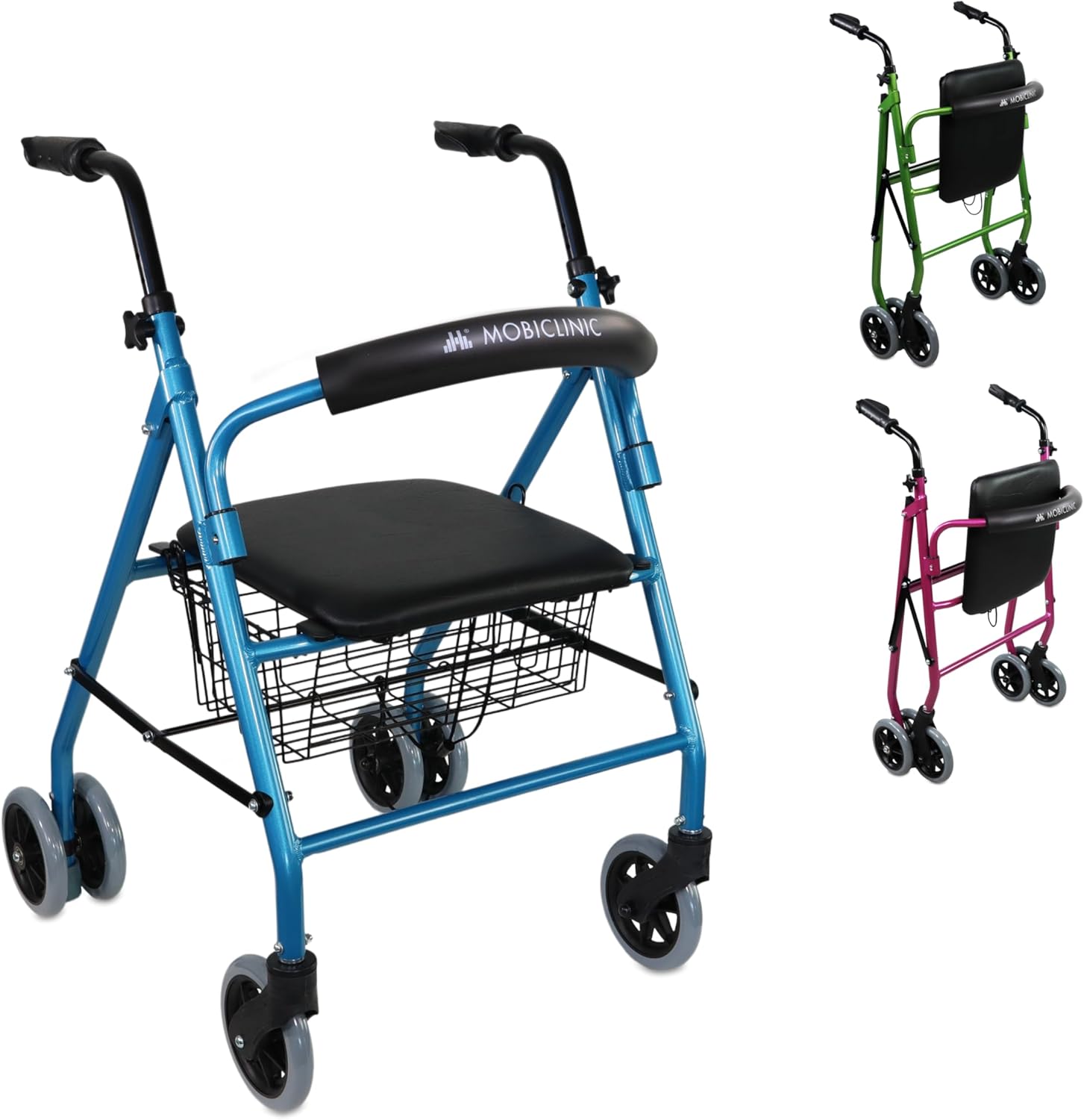 Mobiclinic®, Prado Rollator, European brand, foldable and lightweight, pressure brakes, walking aid, made of aluminum, with padded seat backrest, basket, 4 wheels, blue