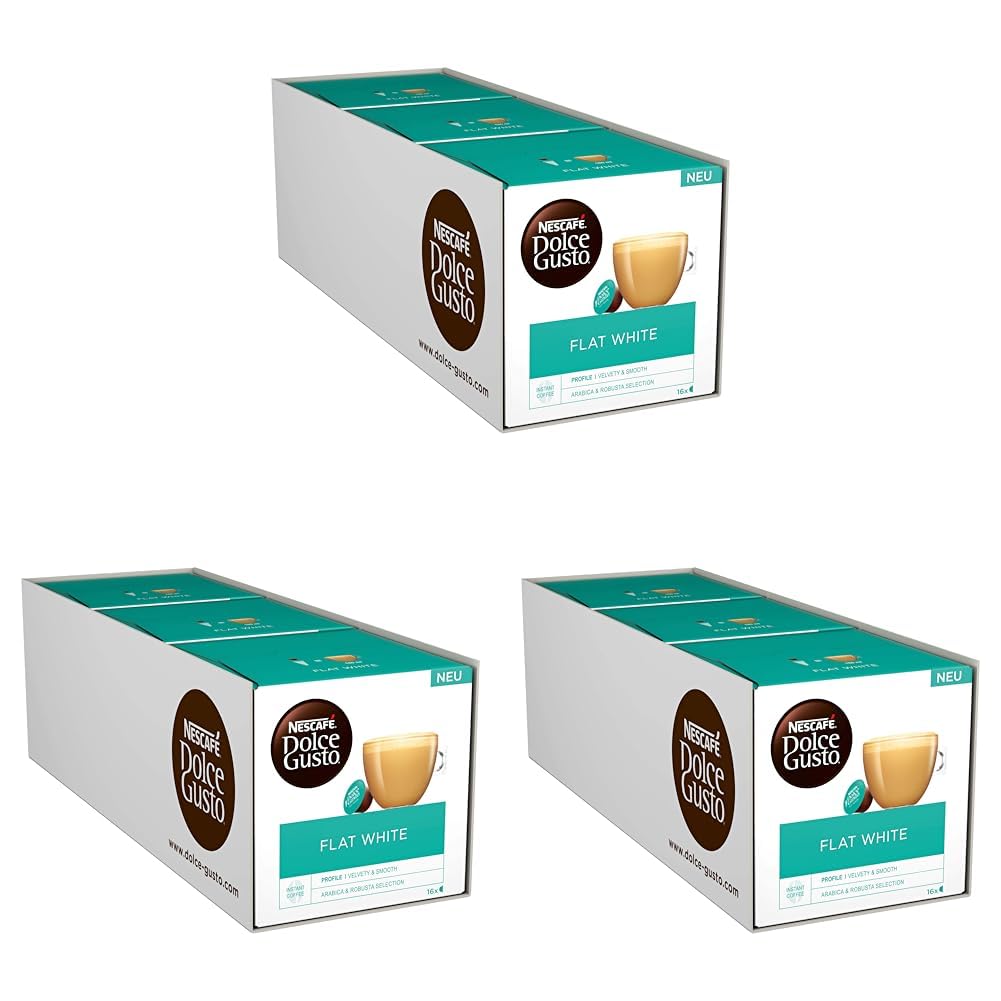 NESCAFÉ Dolce Gusto Flat White, 48 Coffee Capsules, Arabica and Robusta Beans, Creamy Milky Enjoyment, Coffee Creation, Coffee Shop Trend, Aroma Sealed Pack of 9 (3 x 16 Capsules)