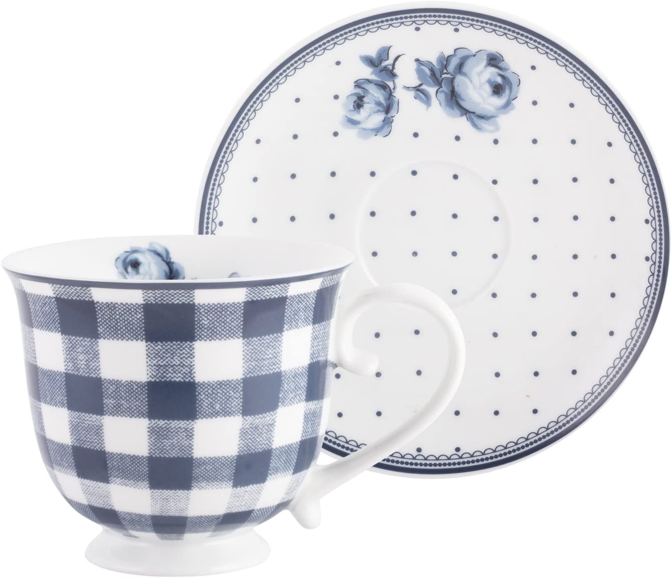 CREATIVE TOPS Katie Alice Vintage Indigo Gingham and Spot Saucer Porcelain Mug, Set of 2, Purple