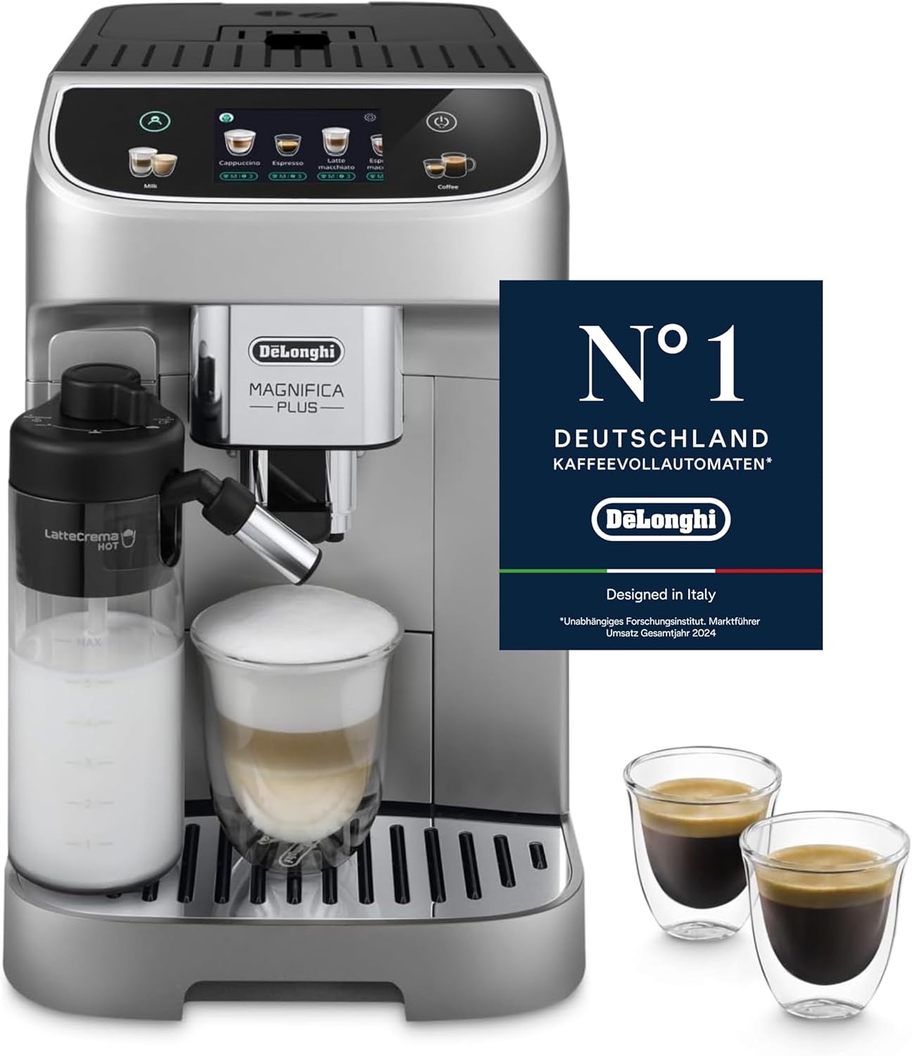 De\'Longhi Magnifica Plus - Perfetto Fully Automatic Coffee Machine with LatteCrema Milk Frother, 18 One-Touch Drinks, Coloured Touch Display, Silver Black (ECAM322.70.SB)