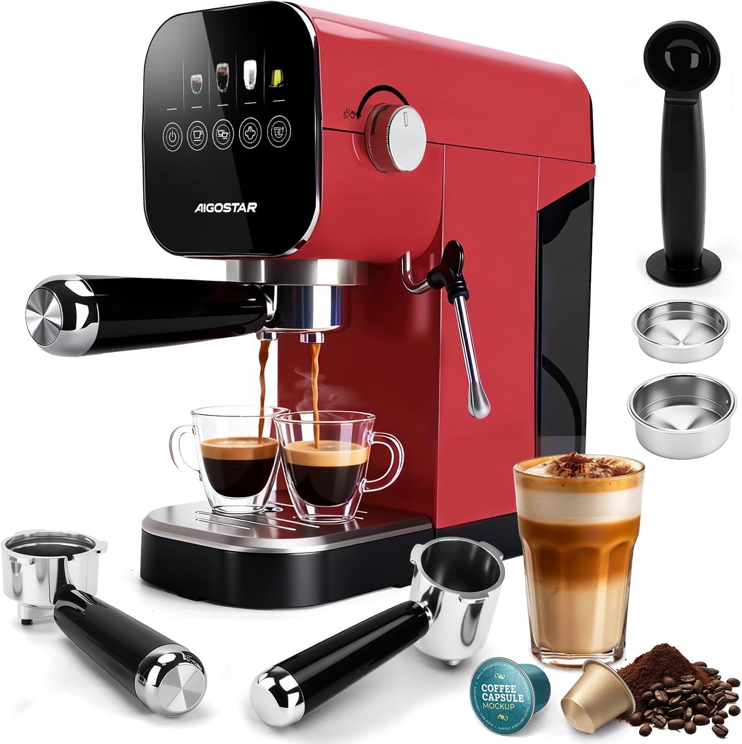 Aigostar - Espresso Portafilter Machine, Compatible with Capsules and Ground Coffee, 20 Bar, Digital Touch Panel, 1/2 Cups, Espresso Machine with Milk Frother, 0.9 L, 1350 W, Stainless Steel, Red