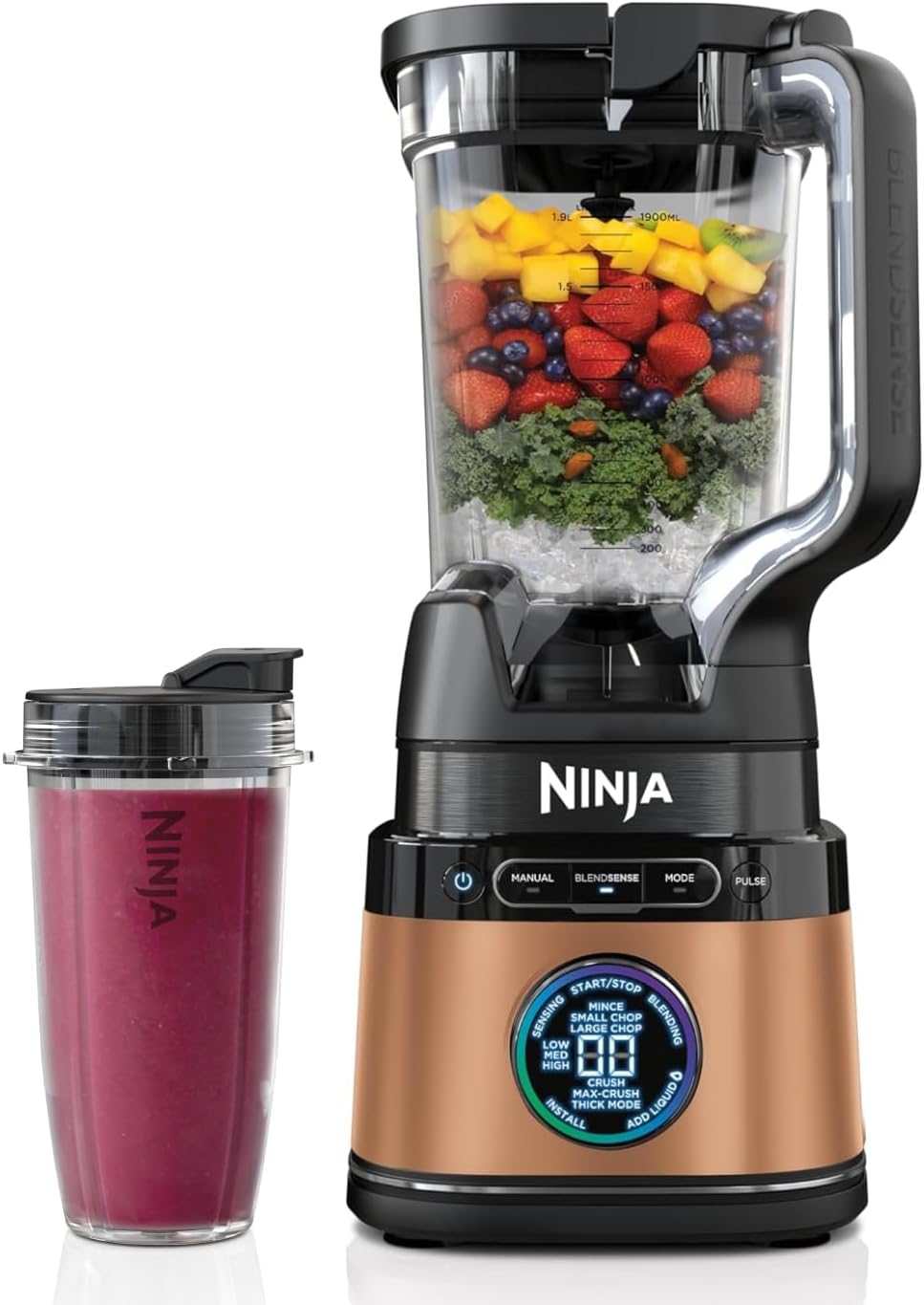 Ninja 2-in-1 Detect Power Mixer Pro & Single Serve, 1200W Mixer with Jug, & Single Serve Cup, Smoothies Mixing, Chopping Vegetables & Mixing Frozen Drinks, Copper/Black, TB301EUCP