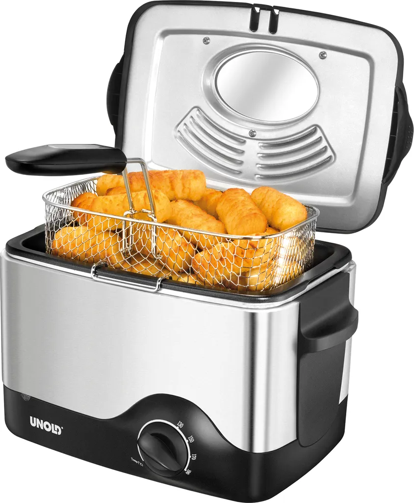 Unold 58615 Compact Deep Fryer with 1200 W, heat-insulated cool-touch housing and a capacity of up to 1.5 l of oil, stainless steel, black