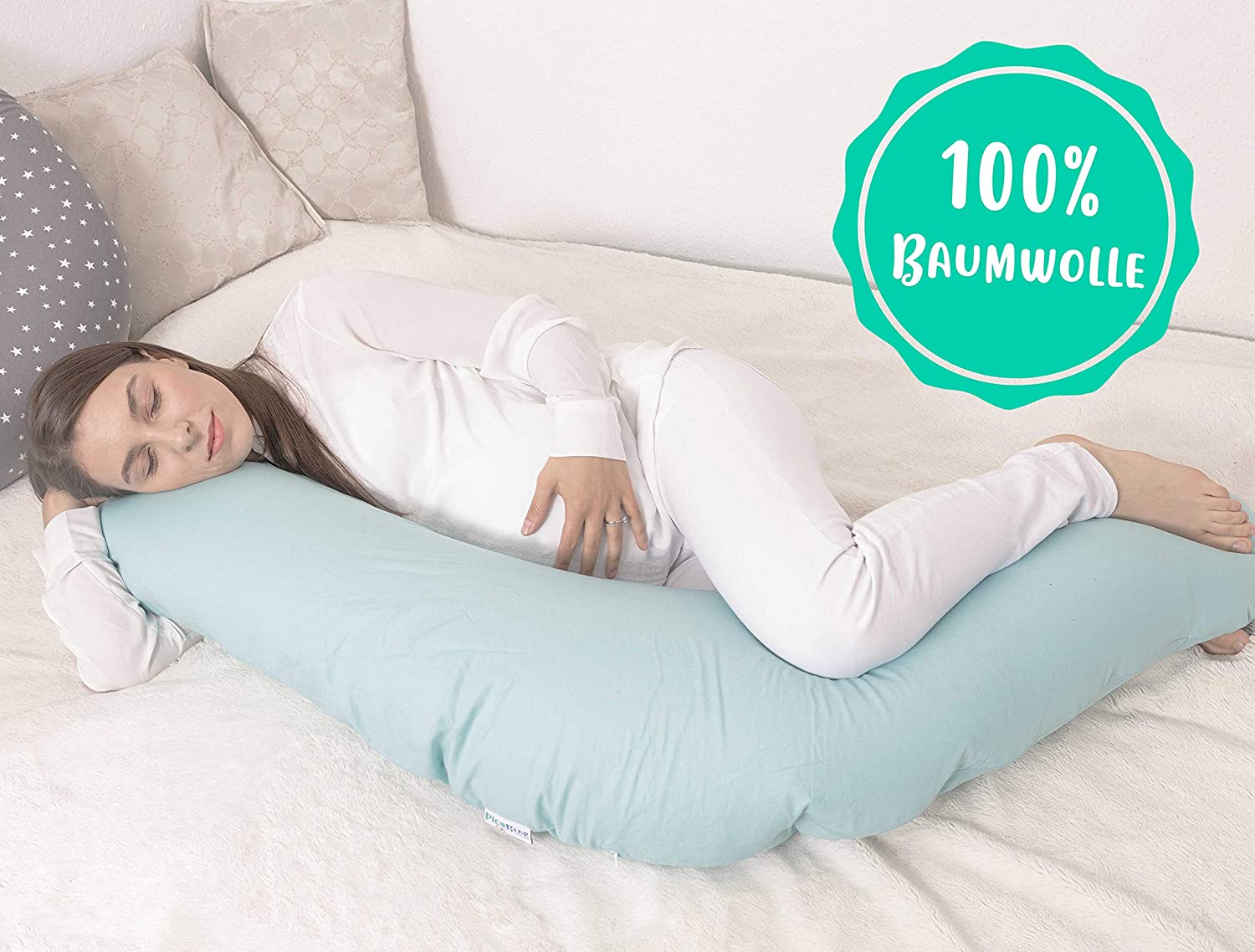 pic Bear Nursing Pillow Replacement Cover 100% Cotton 9 Beautiful Designs 170 cm & 190 cm Breathable & Cuddly Stars celadon-green