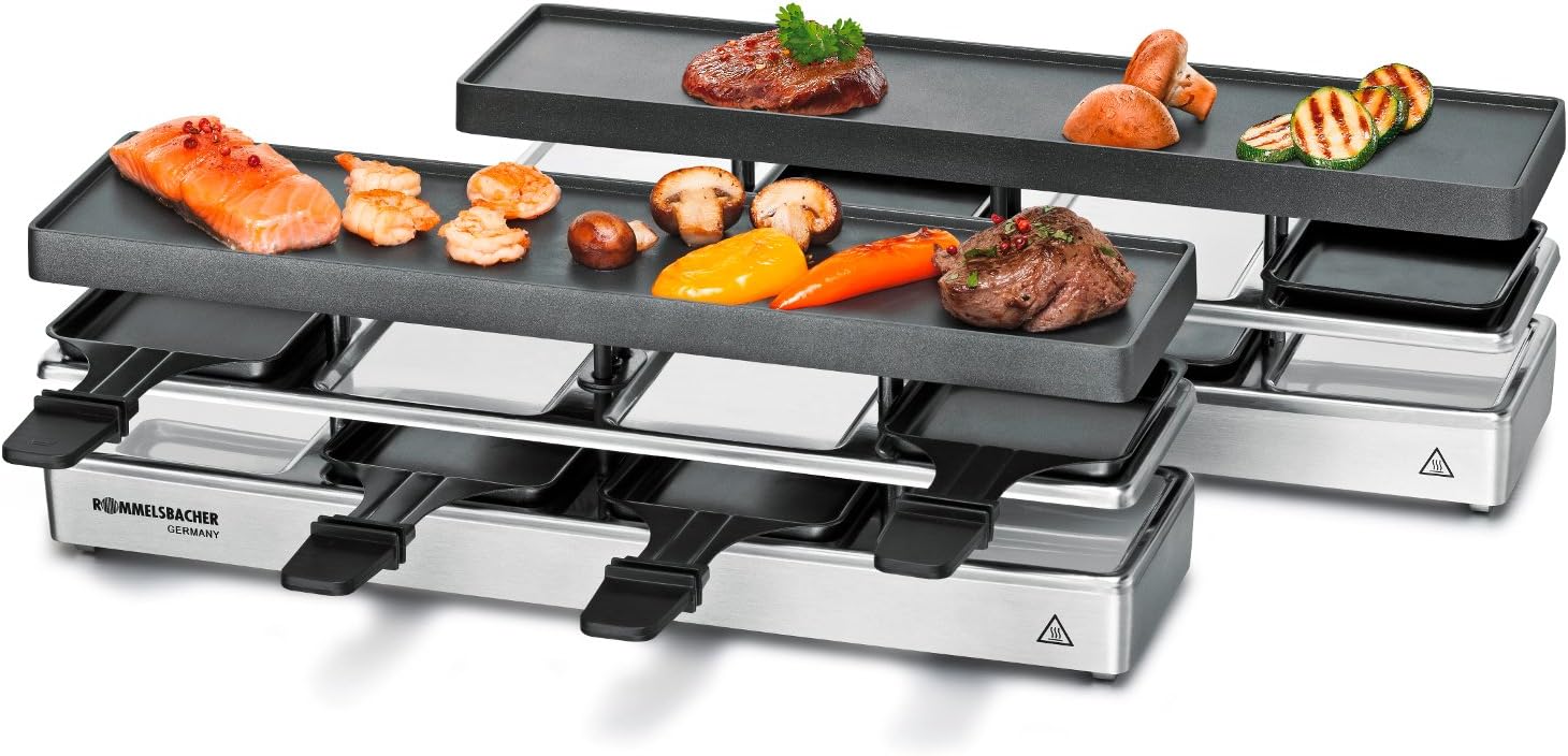 ROMMELSBACHER RC 1600 raclette grill fun for 4 + 4 (table grill, for 8 people, expandable, parking deck, aluminum die-cast grill plate with Xylan Plus non-stick coating, 1590 W) silver