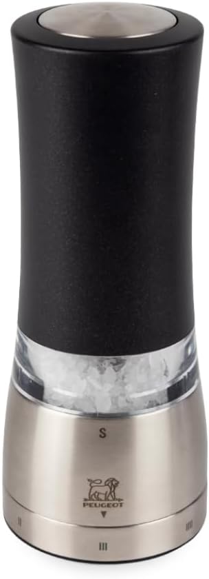 PEUGEOT - Daman u\'Select Electric Salt Mill 16 cm - 6 Grinding Levels - Innovative Zirlion Grinder for Powder Fine Salt - Made of Stainless Steel - French know-how - With Iridescent Black Finish