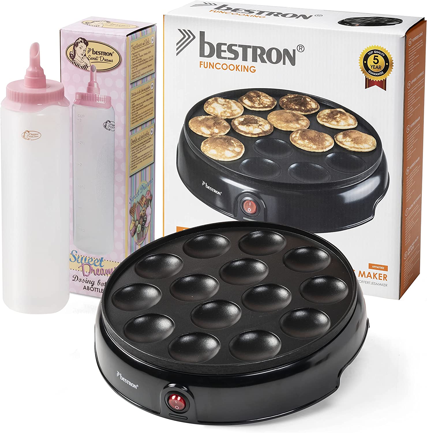 Bestron Poffertjesmaker Value Pack with Dough Bottle for 700 ml, Ideal for festive, Easter or Children\'s Birthdays, Retro Design, 800 Watt, Colour: Black/Pink