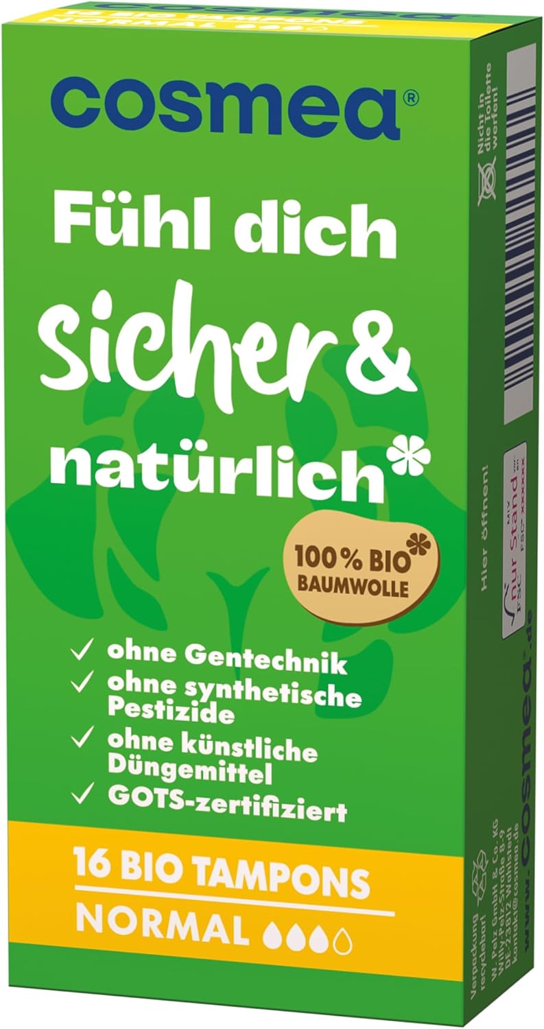Cosmea Organic Tampons Normal - 4 x 16 Pieces | 100% Organic Cotton | Vegan & Dermatologically Tested | No Synthetic Fibers & Chemicals | Oeko-Tex & GOTS Certified | Individually Packed & Environmentally Friendly