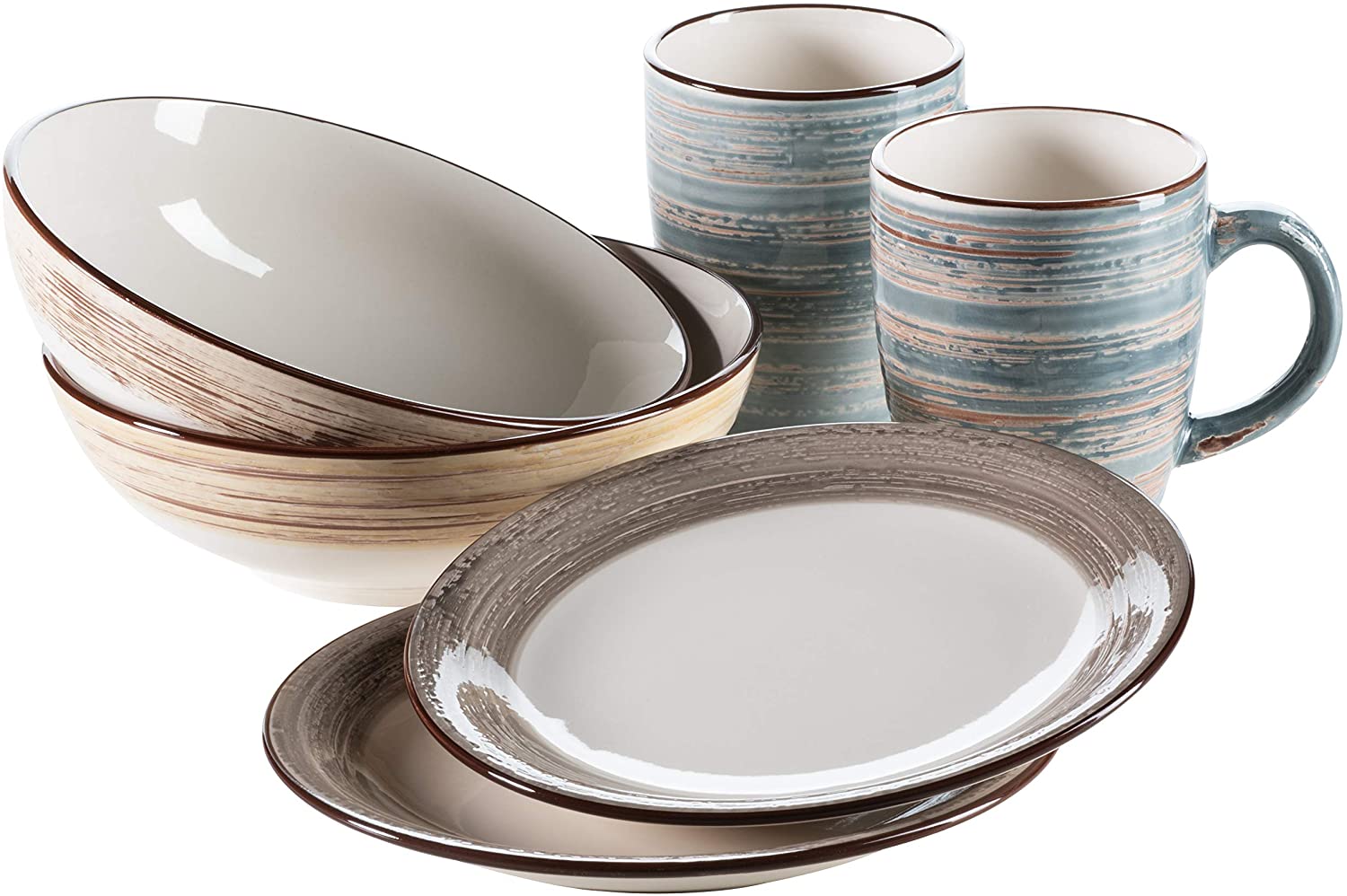 Mäser 931379 Duo Series Breakfast Set for 2 People 6-Piece Vintage Crockery Set with Coffee Mug, Breakfast Plate and Cereal Bowl in Shabby Chic Design, Ceramic, Blue / Beige / Brown