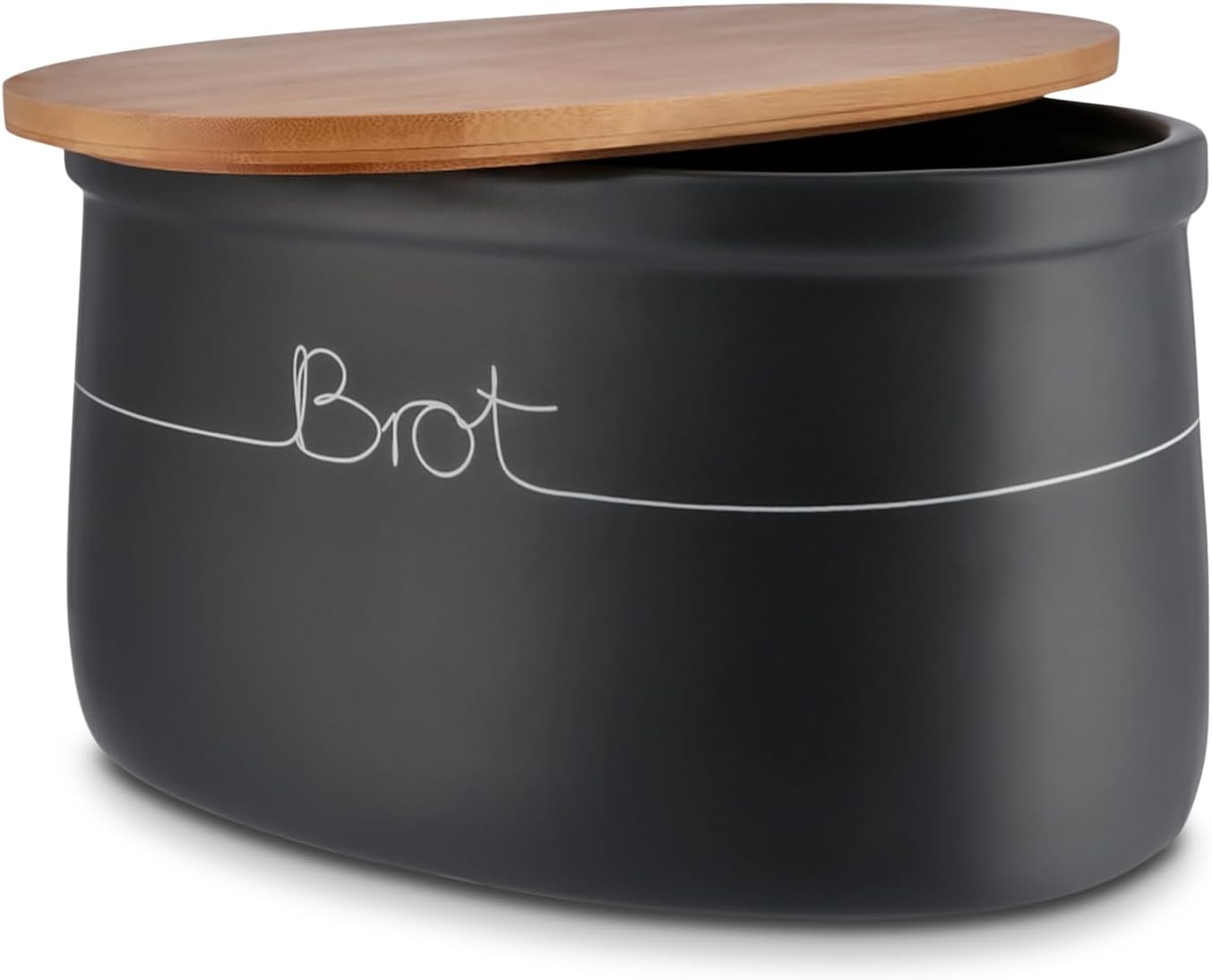 KHG Bread Bin Large Ceramic Stoneware Gray Anthracite, Wooden Lid Bamboo as Chopping Board, Bread Storage Matte & Polished Surface with Labeling & Ventilation Holes