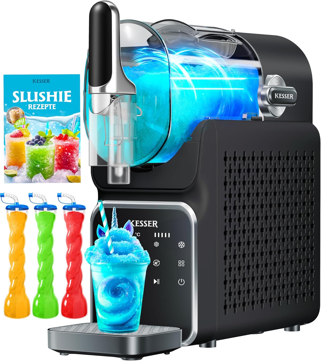 KESSER Slush Machine for Home - Slush Ice Maker 2L - for Slush, Ice Cocktails, Frappés, Milkshakes & Frozen Juice - in 25 Minutes & with 6 Programs - Includes 3 x Cups & Recipe Book, Black