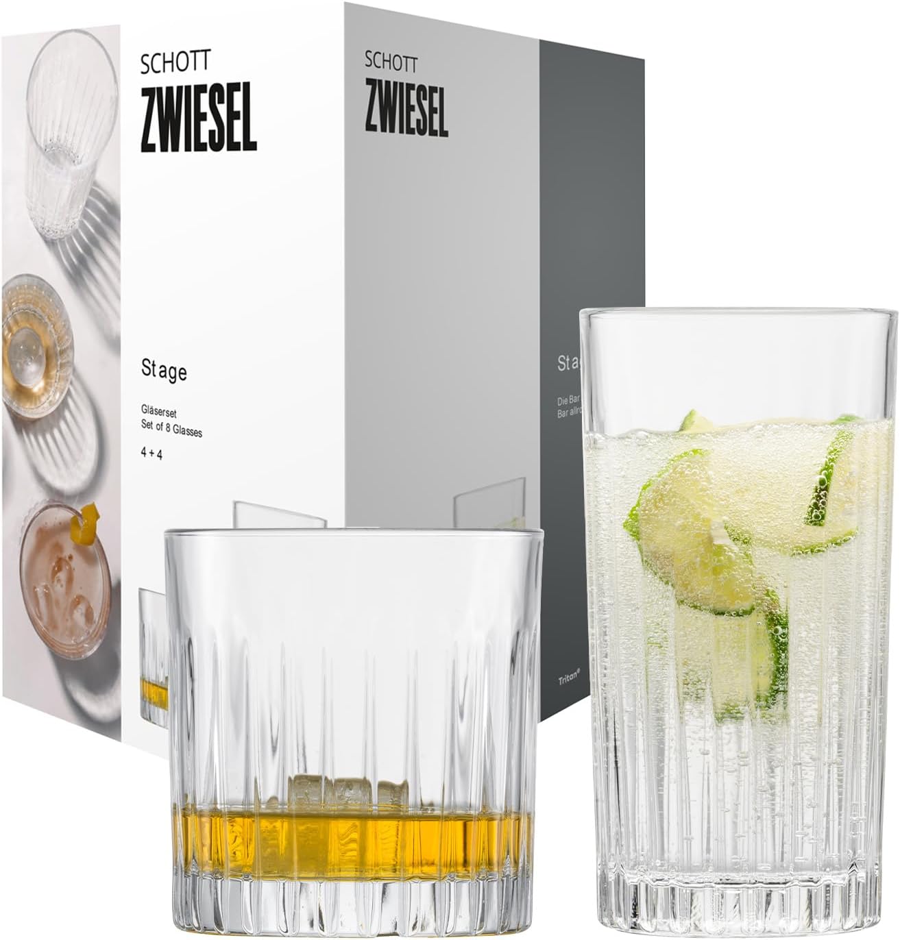 SCHOTT ZWIESEL Stage Glasses Set of 8 4 Straight Long Drink Glasses and Whiskey Glasses with Relief Dishwasher Safe Crystal Glasses (Item No. 121882) Crystal