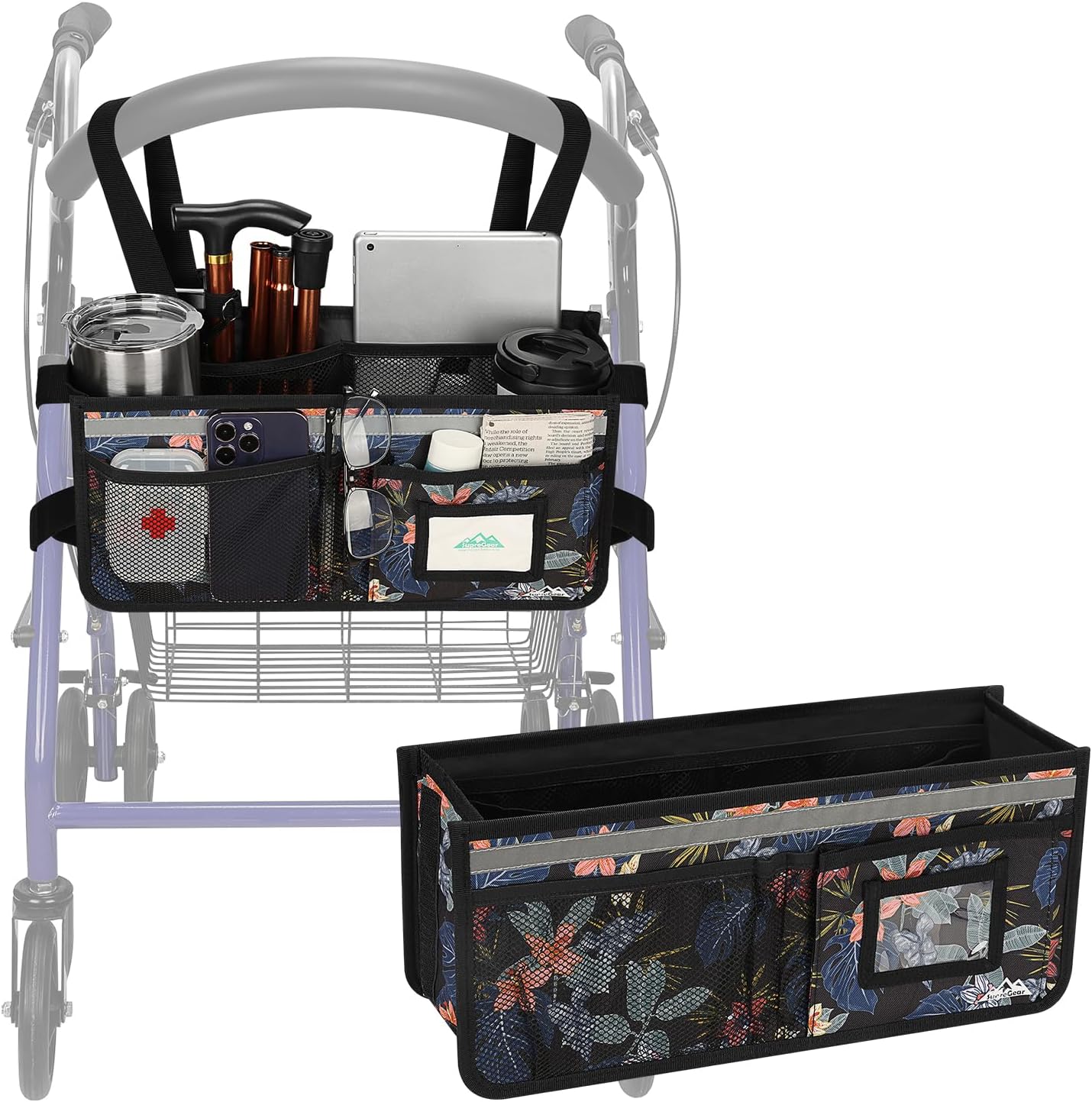 supregear Rollator Basket, Large Capacity Organizer Bag with Multiple Pockets, Foldable Universal Waterproof Storage Bag for Seniors, Black Floral