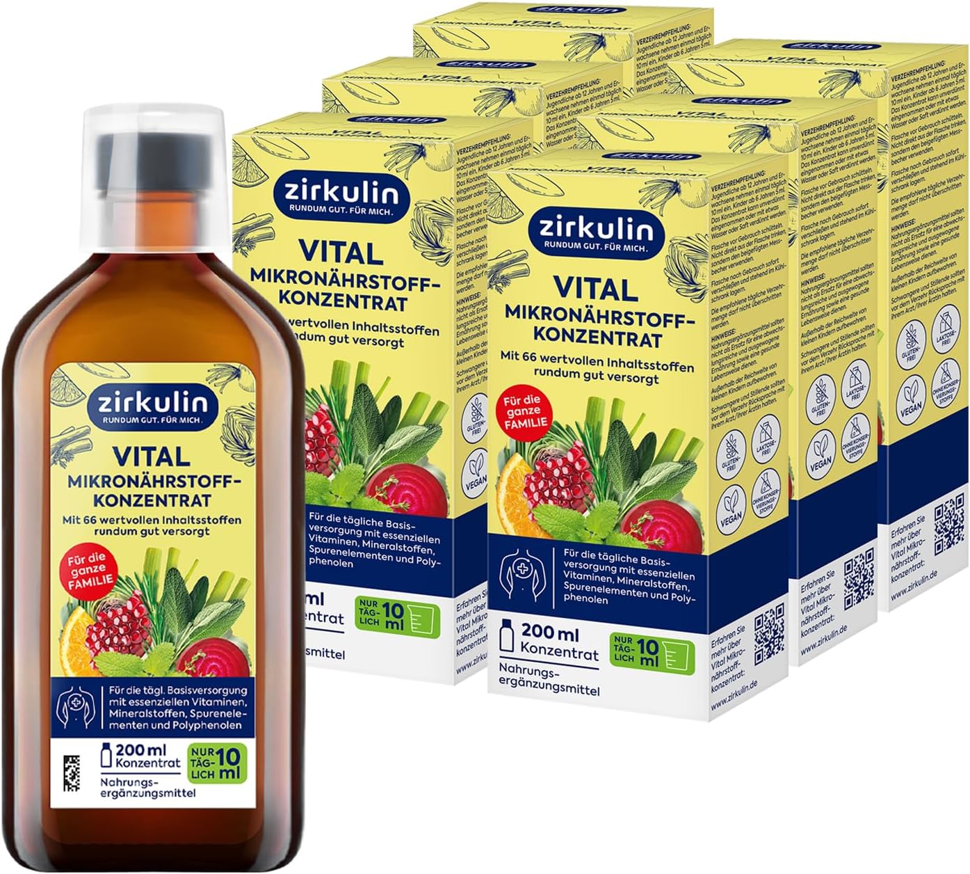 Zirkulin Vital Micronutrient Concentrate (6 x 200 ml) - 120 Day Range - 66 Vital Substances from Fruit, Vegetables & Herbs - Valuable Polyphenols - Vitamins & Minerals for the Family