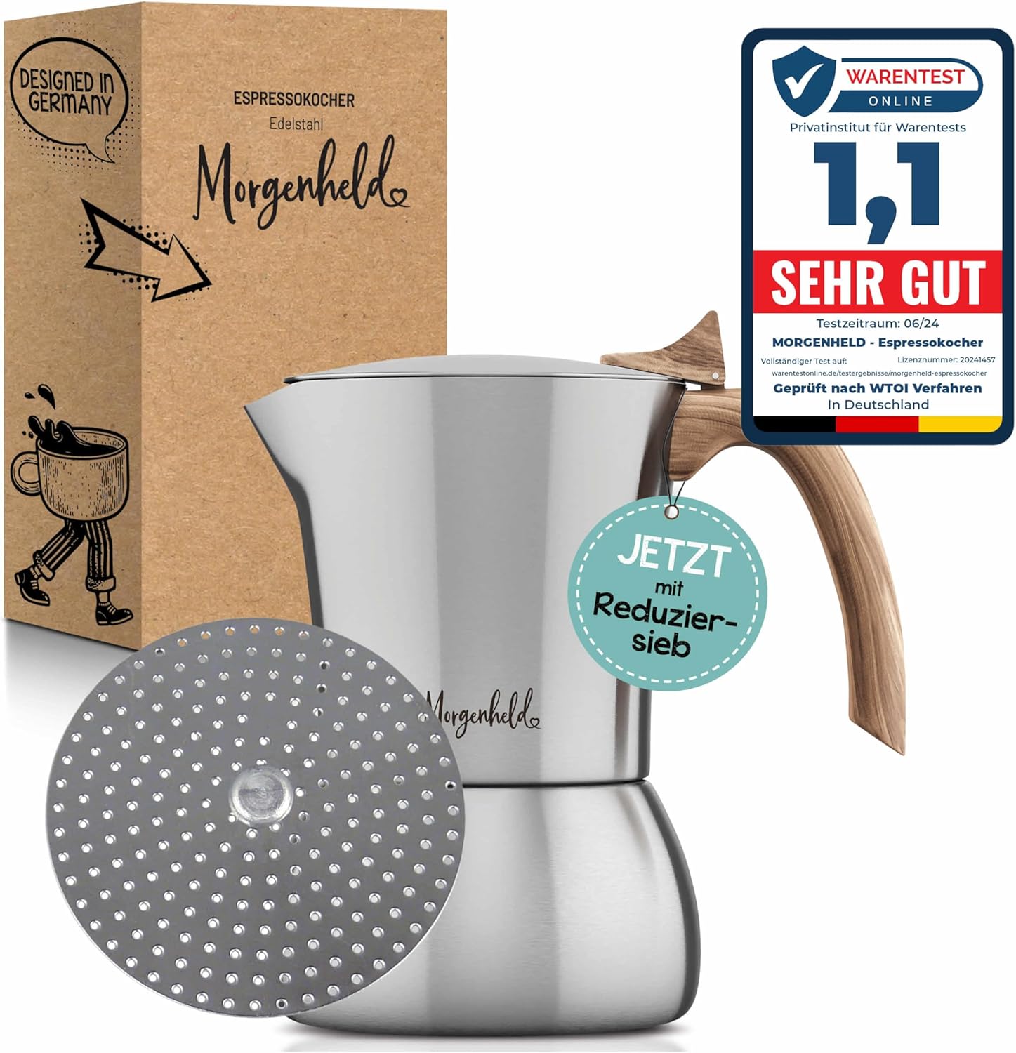 Flow Premium Stainless Steel Espresso Maker with Reducing Strainer for 2 to 4 Cups 200 ml - Espresso Maker Suitable for Induction Cookers - Espresso Pot with Reducer Insert for Induction