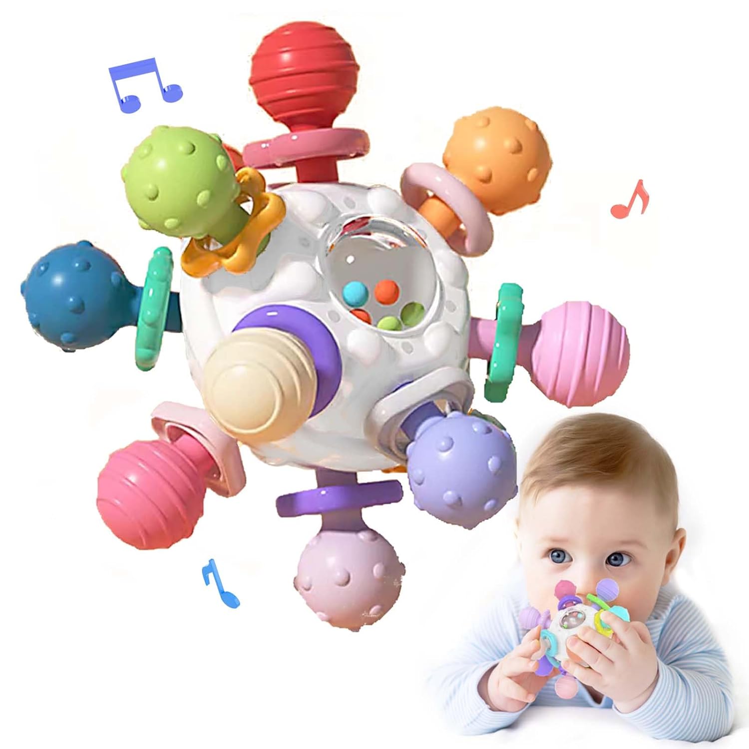 Montessori Teething Toy Baby from 3 Months, Sensory Rattle Grabbing Ball Baby Toy Made of Silicone, Motor Skills Toy, Baby Gift from 0 6 9 Months 1 Year (White)