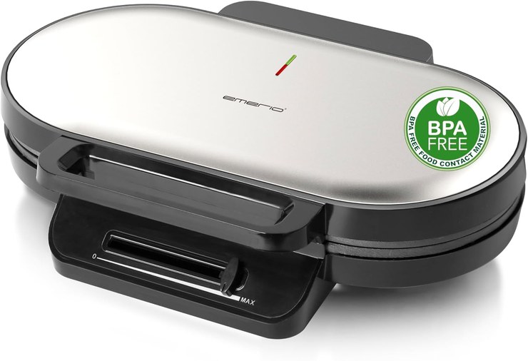 EMERIO Double waffle iron for a total of 10 heart waffles (2 waffles with approx. 14 cm diameter), temperature control for browning as desired, non-stick coating, BPA-free, 1200 W, WM-123356