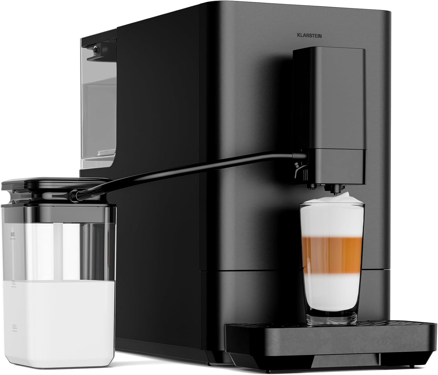 Klarstein Velaire Fully Automatic Coffee Machine, 20 Bar, LED Touch Screen, Stainless Steel Grinder 15 Levels, Milk System 0.75 L, 1.5 L Water Tank, Self-Cleaning, Fully Automatic Coffee Machine