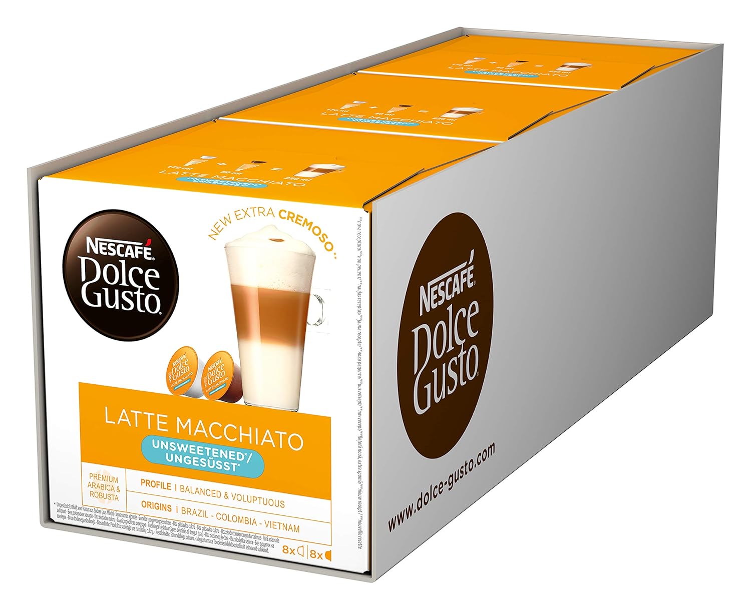 NESCAFÉ Dolce Gusto Latte Macchiato Unsweetened, 48 Coffee Capsules, No Added Sugar, Espresso, 3-Layer Delicacy Made of Fine Milk Foam, Aroma Sealed Capsules, Pack of 3 (3 x 16 Capsules)