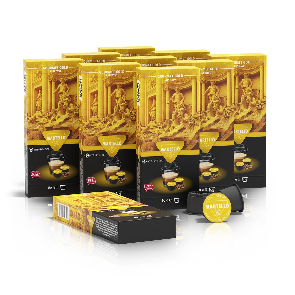 MARTELLO Cafe Martello Coffee Capsules | Gourmet Gold | UTZ Certified | Sustainable and Fair | Hand Picked | Master Pack 100 Capsules (10 x 10), for Martello Capsule Machines