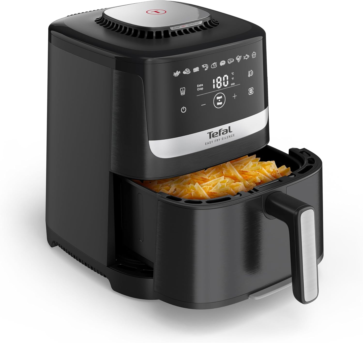 Tefal Easy Fry Silence Hot Air Fryer, Up to 99% Less Fat, Silent Technology, 5 Litres, Includes Non-Stick Cooking Grate, from 40°C to 220°C, Dishwasher Safe, Black, EY5528E0