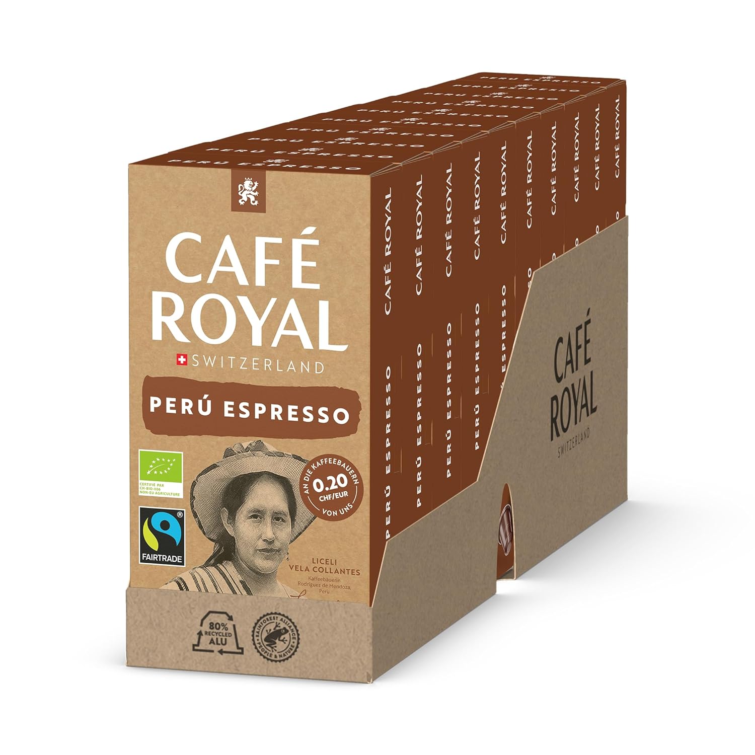 Café Royal, Peru Espresso, 100 Nespresso (R) Compatible Capsules, 80% Recycled Aluminum, Organic and Fairtrade Certified, 100% Arabica Coffee, Intensity 8