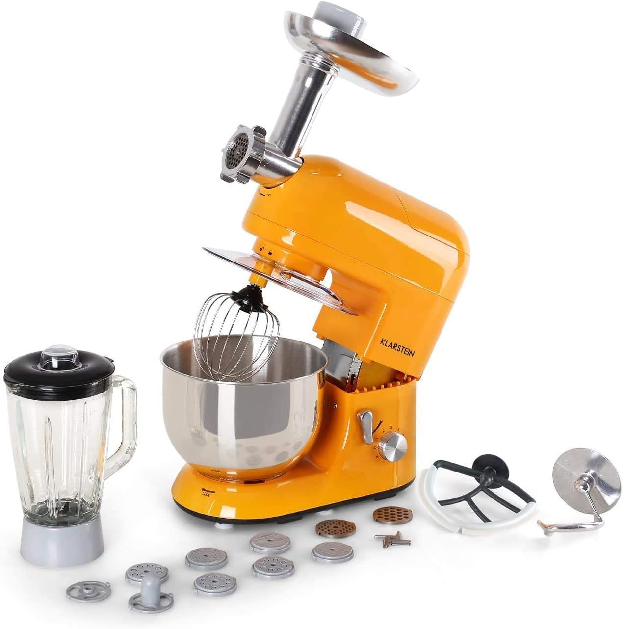 Klarstein Lucia Orangina Universal Food Processor, Mixing Machine, Multifunctional Food Processor with Meat Grinder, 1300 W, 5 L, Planetary Mixing System, Mixing Cup, Stainless Steel Bowl, Orange