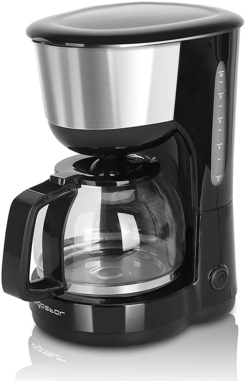Aigostar Stainless Steel Coffee Machine, 1000 Watt Filter Coffee Machine, Glass Jug up to 10 Cups, 1.25 L, Warming Plate, Automatic Shut-Off, Drip Stop, Black