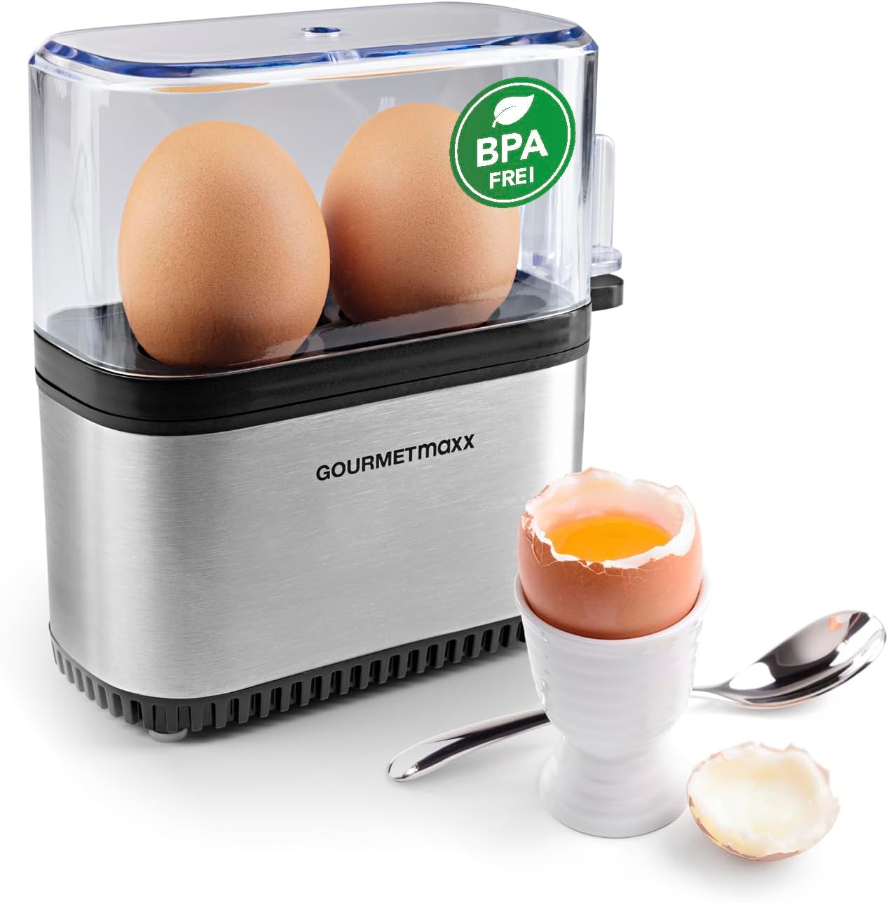 GOURMETmaxx Design Egg Cooker for 2 Eggs, Compact Egg Boiler, Egg Cooker with Egg Cutter, Measuring Cup and Beep, 3 Hardness Levels, Easy to Clean and Dishwasher Safe Parts