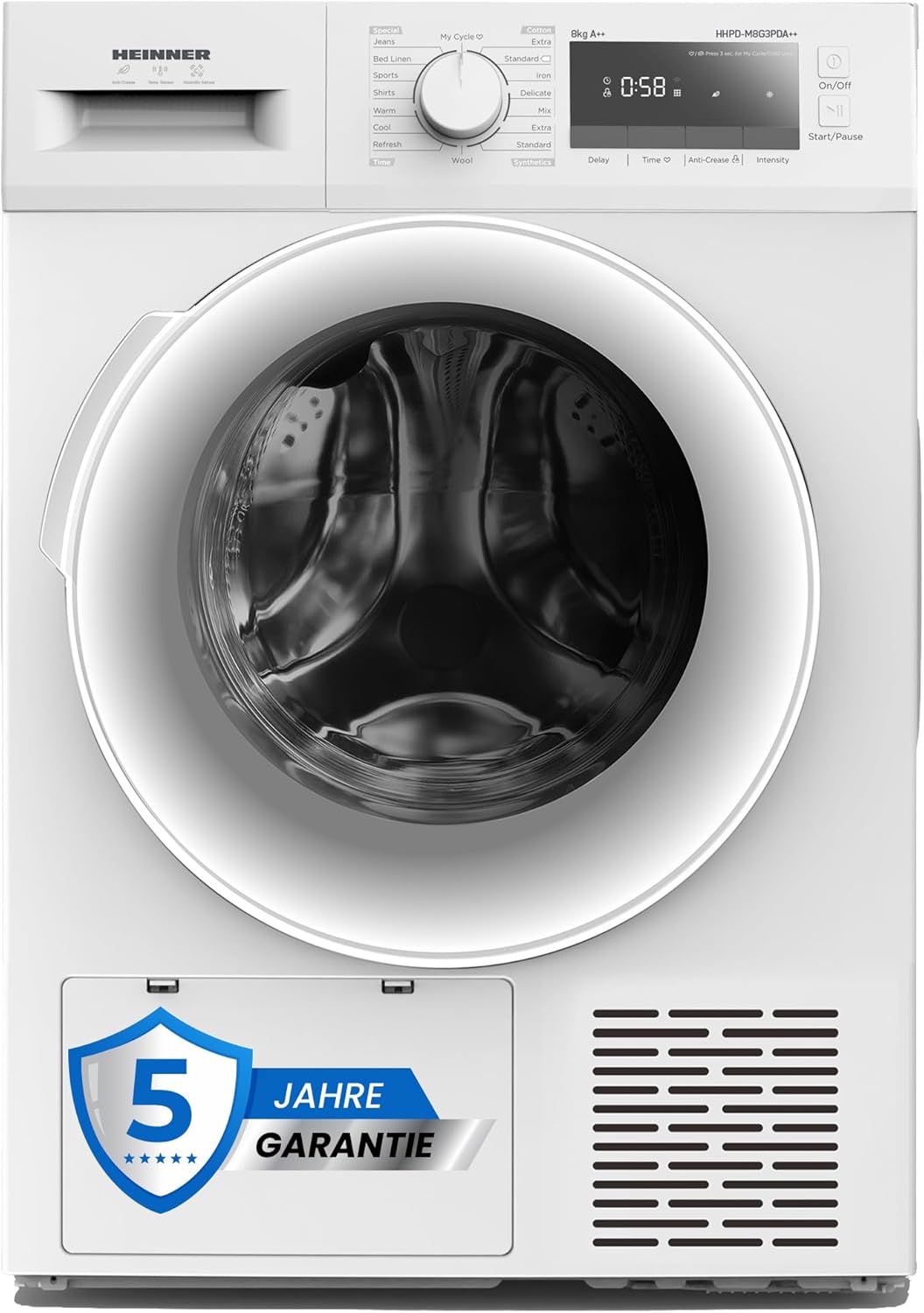 HHPD-M8G3PDA++ Warming Pump Dryer - 8 kg Drying Capacity, Energy Class A++, Sensor-Controlled Dryers for Optimal Results, Multiple Drying Programs, White, 5 Year Warranty