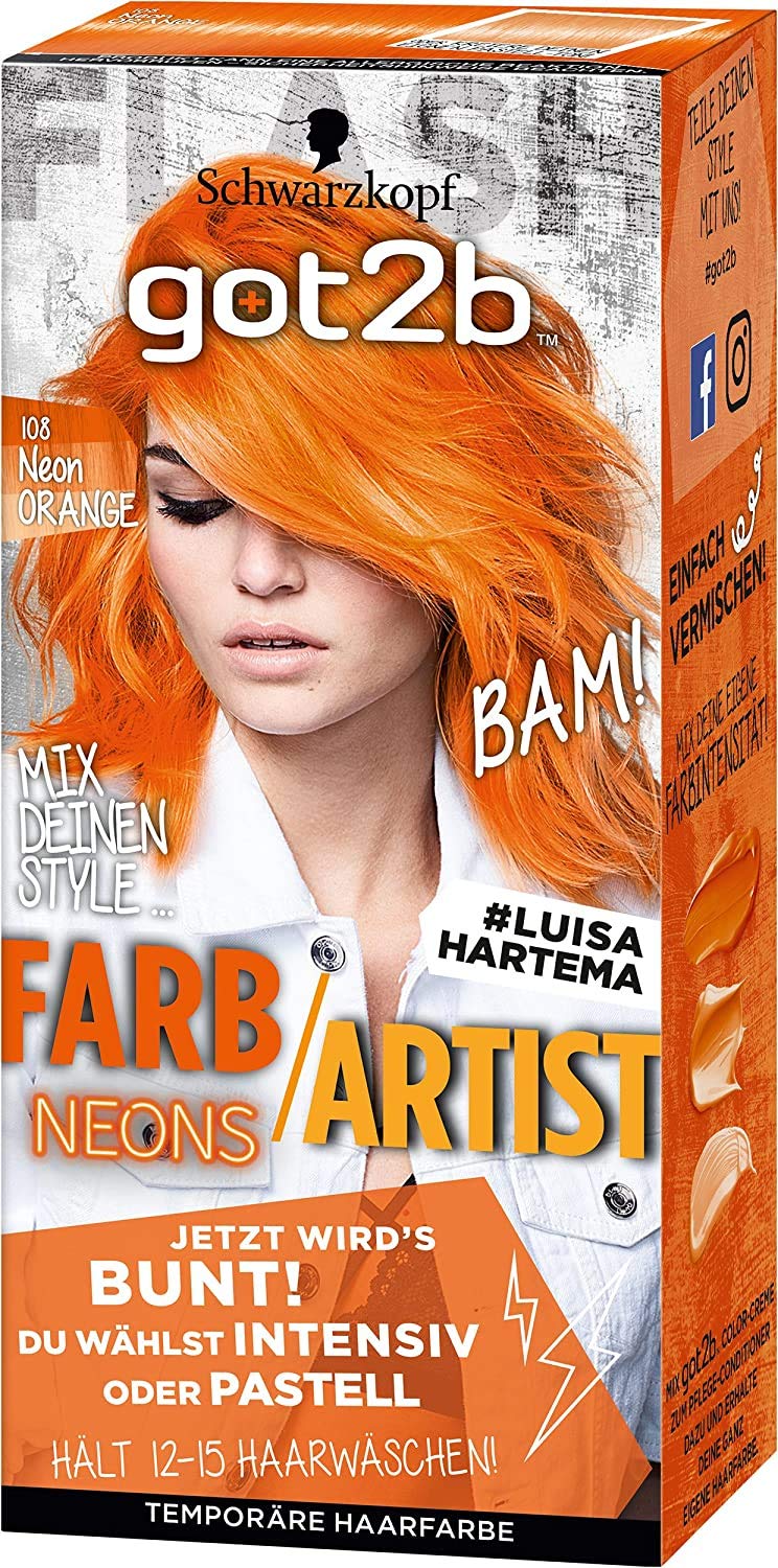 3x Schwarzkopf Got2b Colour Artist Hair Colour Neon Pink, Yellow or Orange 80 ml Each: 108 Neon Orange, ‎neon