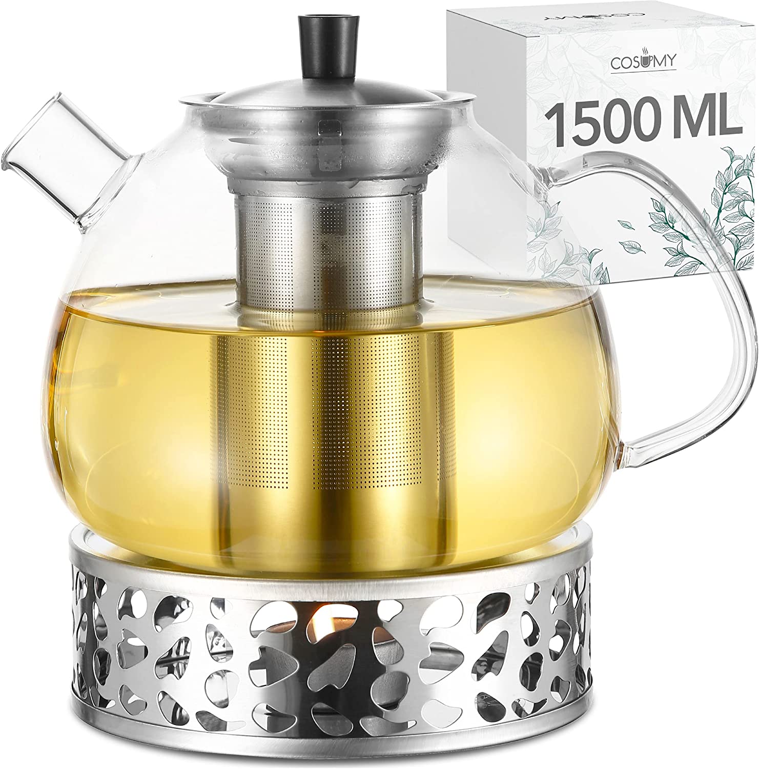 Cosumy 1500 ml Glass Teapot with Warmer Set – with Stainless Steel Strainer Insert – Dishwasher Safe – Heat Resistant