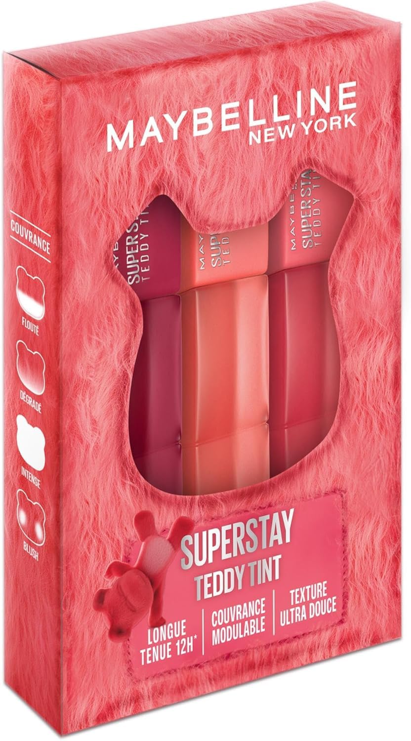 Maybelline New York Superstay Teddy Tint Set of 3 Lipsticks, Matt Effect, Long Lasting Wear, Shades: Baby Tea, Petcore, Wild at Heart