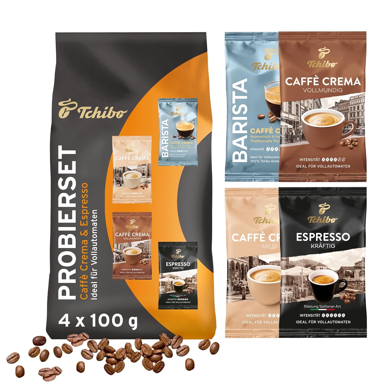 Tchibo Store Tchibo Coffee Tasting Set Caffè Crema and Espresso 400 g (4 x 100 g) Test Package Gift Idea Various Varieties Roasted Coffee Beans Ideal for Fully Automatic Machines, Portafilter and Espresso Machines