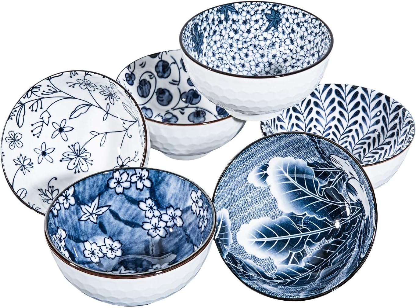 Ceramic Snack Bowls Set of 6 Japanese Style, Blue and White Bowls, 11 cm Small Rice Bowls Set, China Soup Bowls (11 cm)