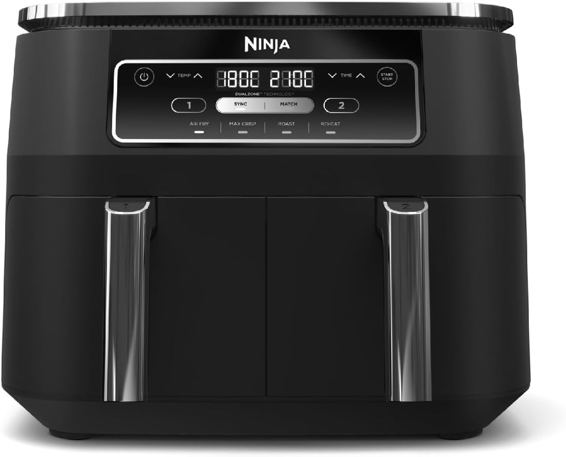 Ninja Foodi Dual Zone Digital Air Fryer, 2 Drawers, 7.6L, 4-in-1, Does Not Use Oil, Air Fry, Max Crisp, Fry, Reheat, Non-Stick Coating, Dishwasher Safe Baskets and Crisper Plates