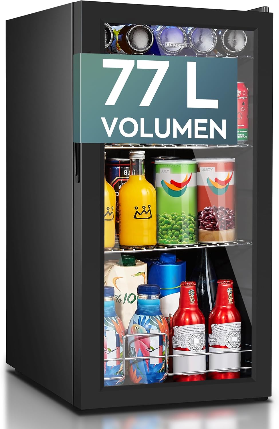 Heinrich´s Drinks fridge, mini fridge with glass door, compact and quiet: 40 dB, LED interior lighting, perfect for office, camping, garden, 5 to 18 °C, (74 litres/3 shelves/40 db)
