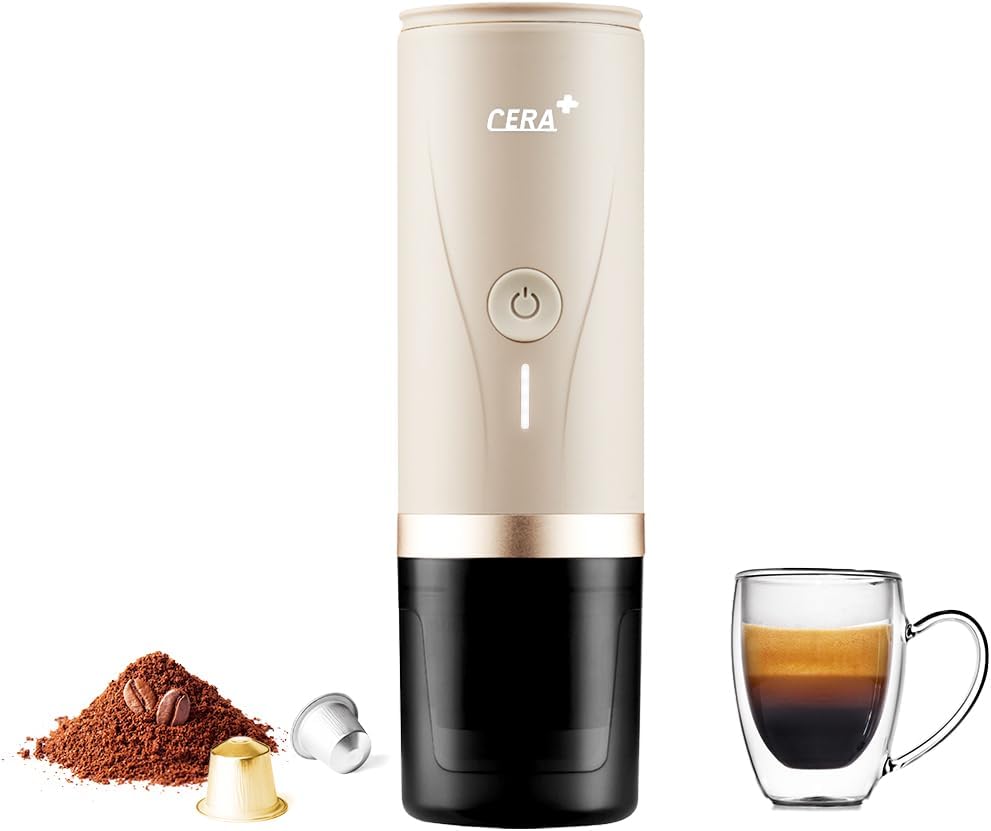 CERA+ CERA+ Electric Portable Espresso Machine with 3-4 Minutes Self-Heating, 20 Bar 12 V Mini Battery Coffee Machine, Compatible with NS Capsule & Ground Coffee Travel Coffee Machine for Car, Camping Cream