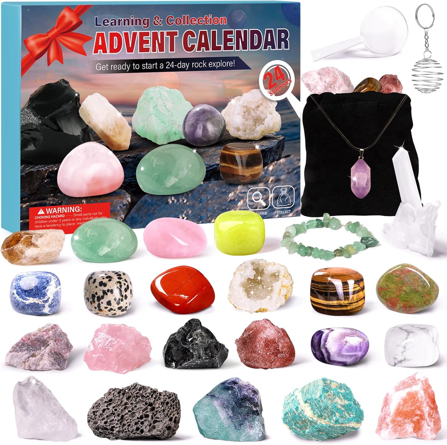 Fuxgaozh Advent Calendar 2024 for Children Crystals, 24 Days Christmas Advent Calendar Countdown Surprises, Natural Gemstones the Best Gift for Boys, Girls (24 Days)