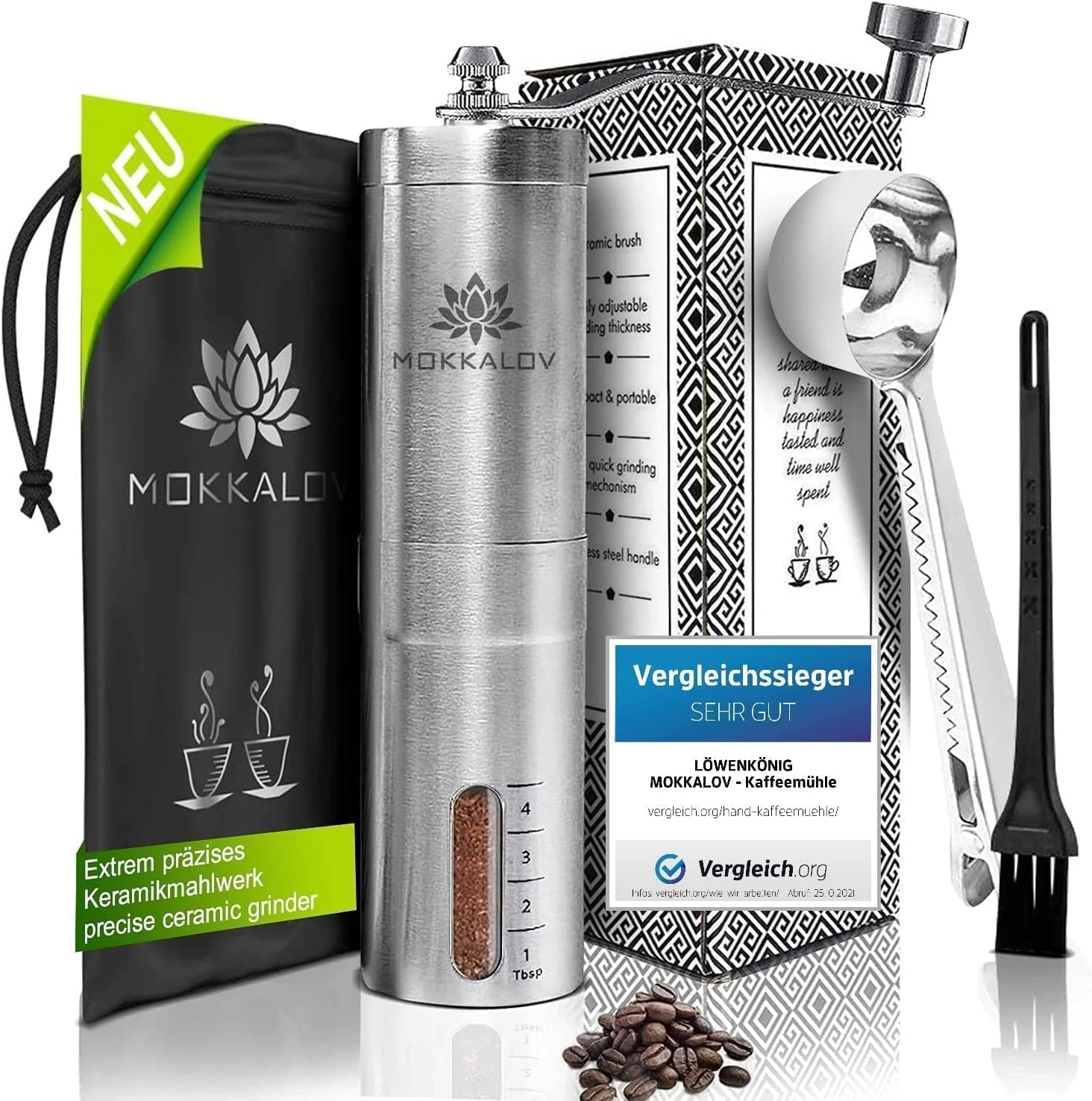 Löwenkönig® - Mokkalov Edition – Elegant Manual Coffee Grinder Made of Stainless Steel with Durable Ceramic Grinder I Infinitely Adjustable Grinding Level I Hand Coffee Grinder Espresso Grinder
