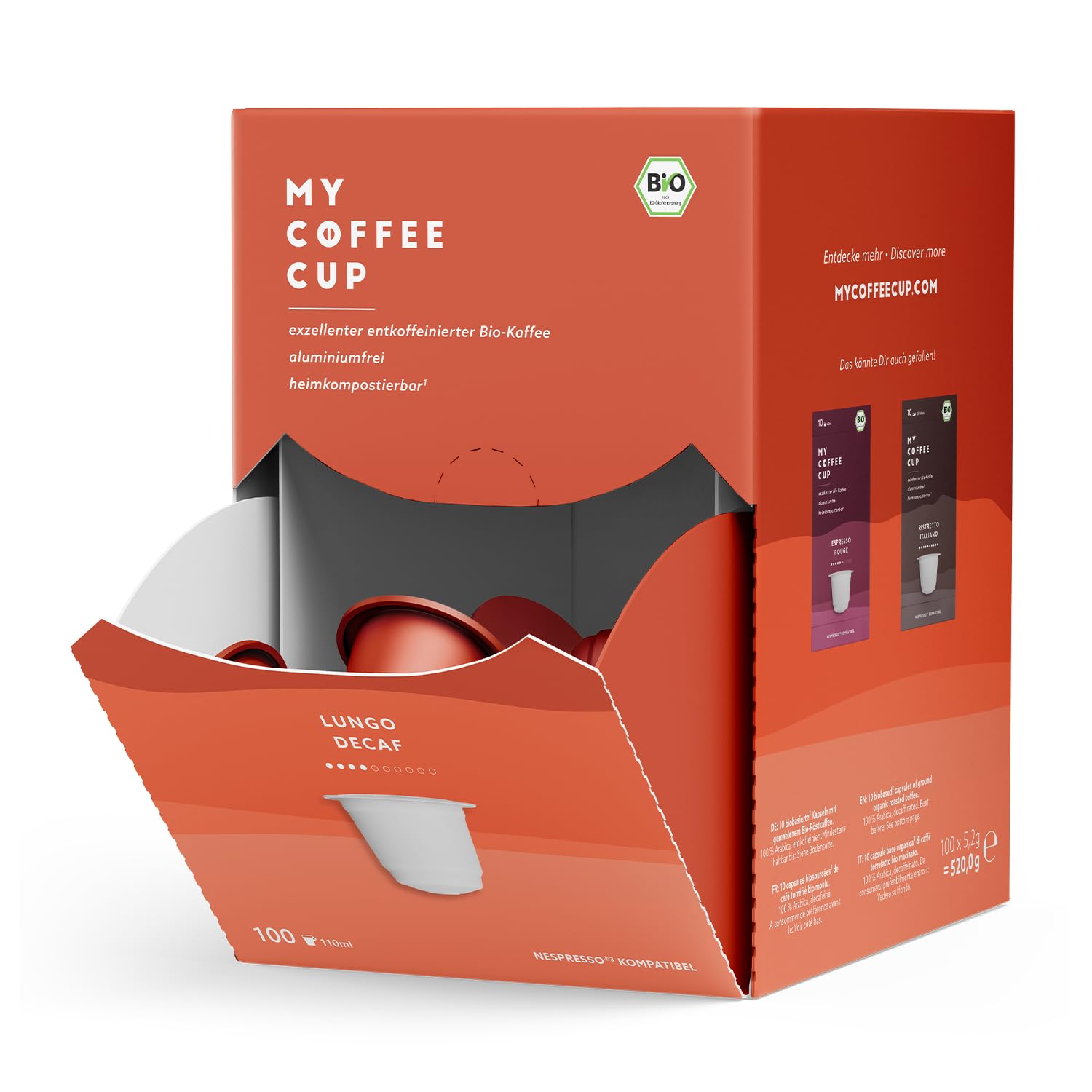 MY-COFFEE CUP My Coffee Cup - Mega Box Lungo Decaf - Organic Coffee I 100 Capsules for Nespresso®³ Capsule Machines I Home and Garden Compostable - 0% Aluminum I Sustainable Coffee Capsules