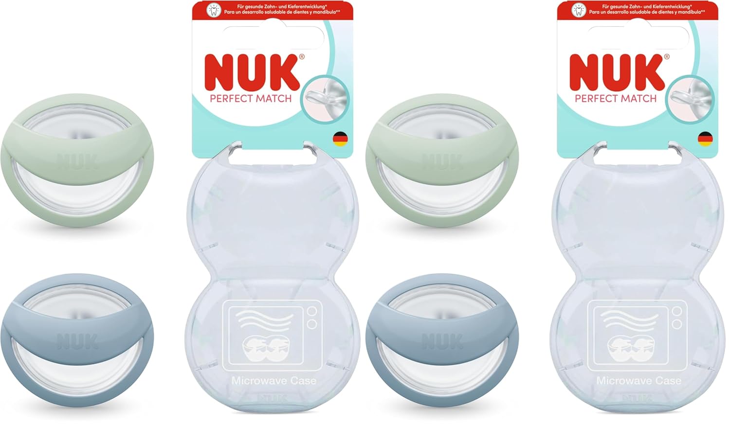 NUK Perfect Match Baby Dummy, 0-6 Months, Nursing Friendly, Orthodontic Soothers, 95% Acceptance in Babies, Green/Blue, Pack of 2