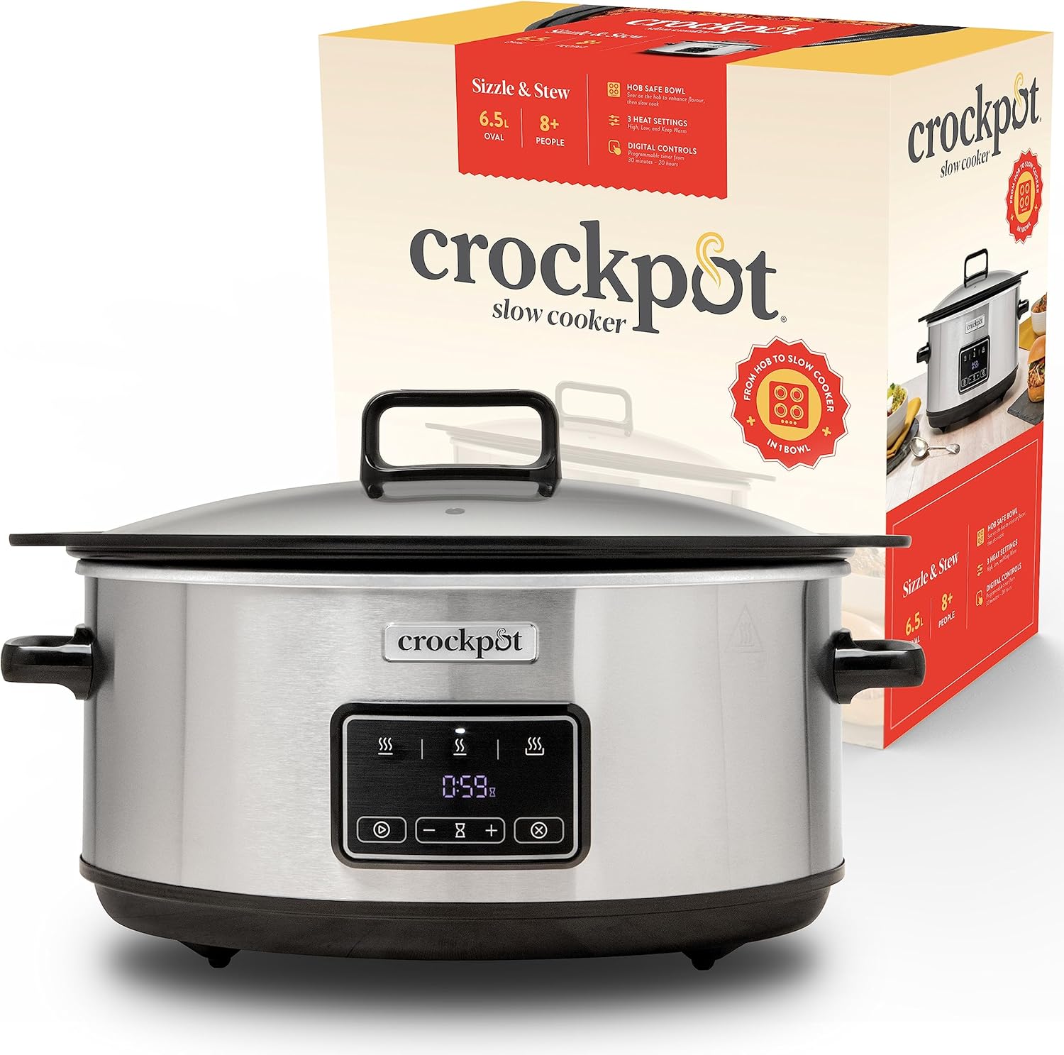 Crockpot Sizzle & Stew Digital Slow Cooker, 6.5 L (8+ People), Removable Induction Suitable Bowl for Meat and Vegetables, EU 2 Pin Plug, Stainless Steel [CSC112X]