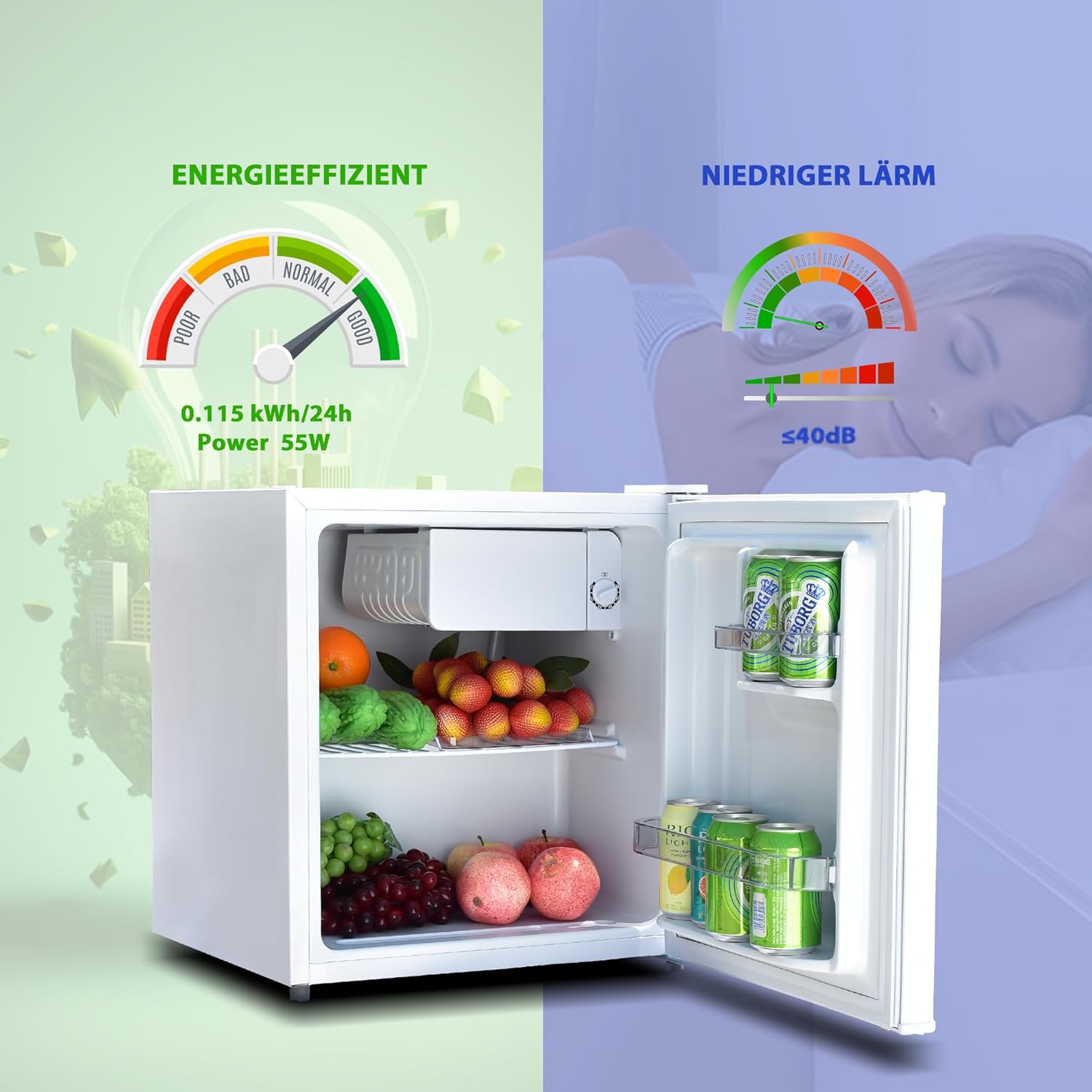 Mini Fridge 46 L Fridge Small Drinks Fridge with Reversible Door, Quiet Mini Fridge 220-240 V, 39 dB, Mini Bar for Room, Office, Hotel, Apartments