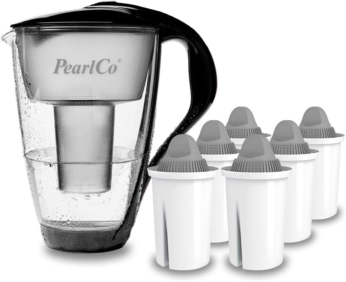 PearlCo Glass Water Filter (Black) with 6 Protect+ Classic Filter Cartridges (for Hard Water) - Made in EU