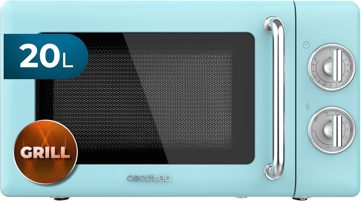 Cecotec Microwave with Grill Proclean 3110 Retro Blue Mechanical, 700 W in 6 levels, Timer up to 30 minutes, Defrost mode, Vintage design in blue, steel finish