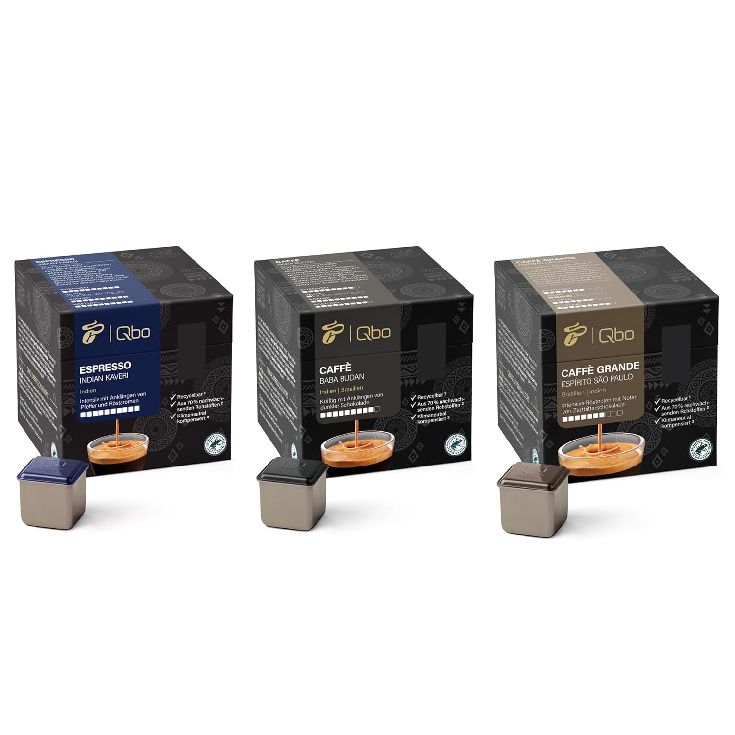 Tchibo Store Tchibo Qbo Kräftig Premium Coffee Capsules, 81 Pieces, 3 x 27 Capsules in Cube Shape, Various Powerful Coffee Types, Aroma Sealed, Climate-Neutral Compensated, Coffee Enjoyment Set at a Great Price