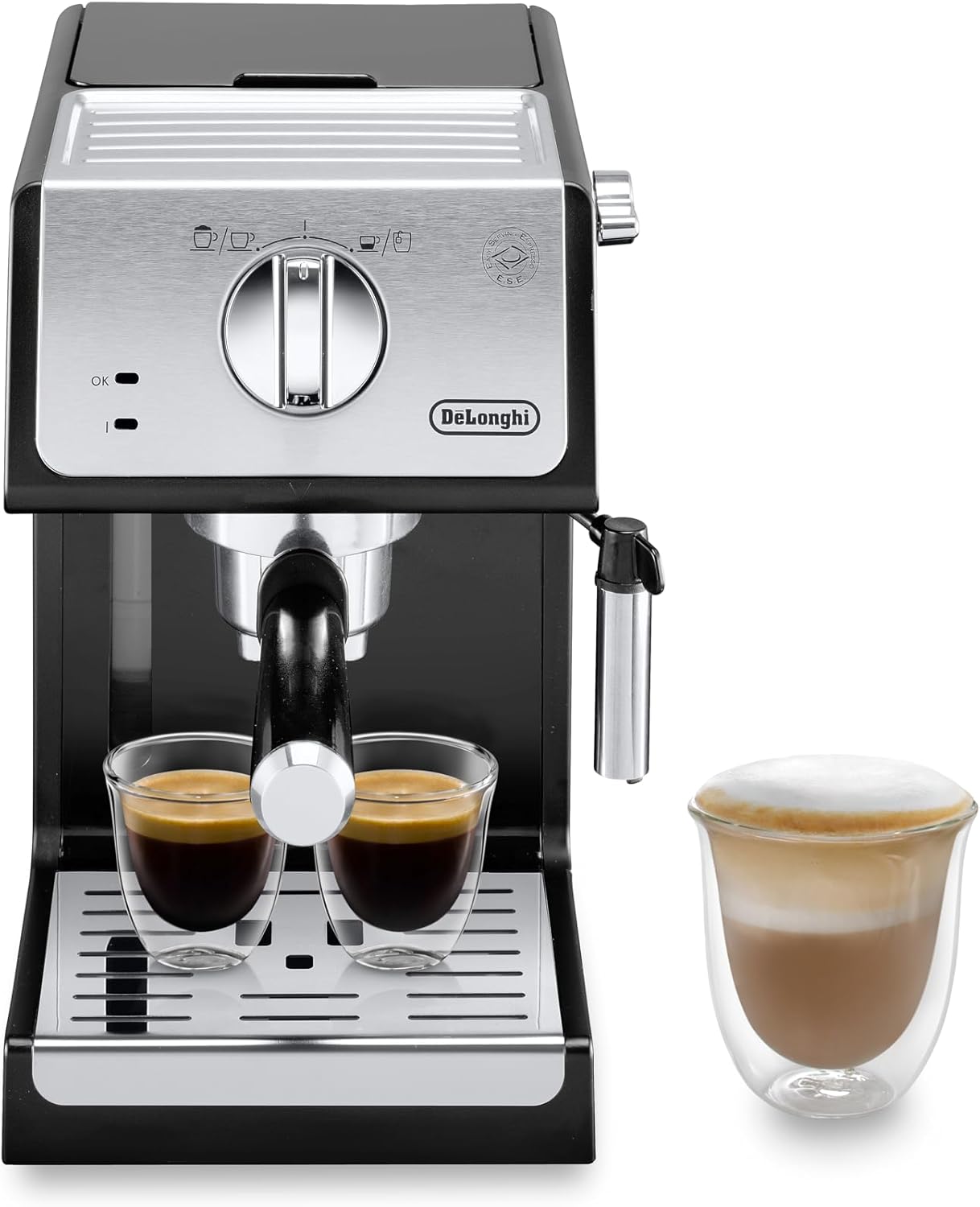 De\'Longhi ECP 33.21 Espresso Filter Machine / Filter Holder with Aluminum Finish / Milk Foam Nozzle / Filter Insert for 1 or 2 Espresso Cups / Also Suitable for Pods / Black and Silver